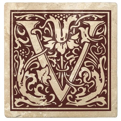 Christmas by Krebs Set of 4 Ivory and Brown "V" Square Monogram Coasters 4"