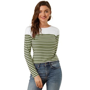 INSPIRE CHIC Women's Color Block Round Neck Long Sleeves Striped Basic T-Shirt - 1 of 4