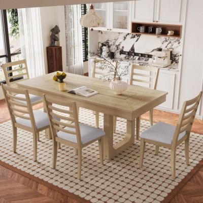 Modern 7-Piece Rubber Wood Extendable Dining Table Set with Upholstered Chairs, Expandable Kitchen Table for Dining Room-Maison Boucle