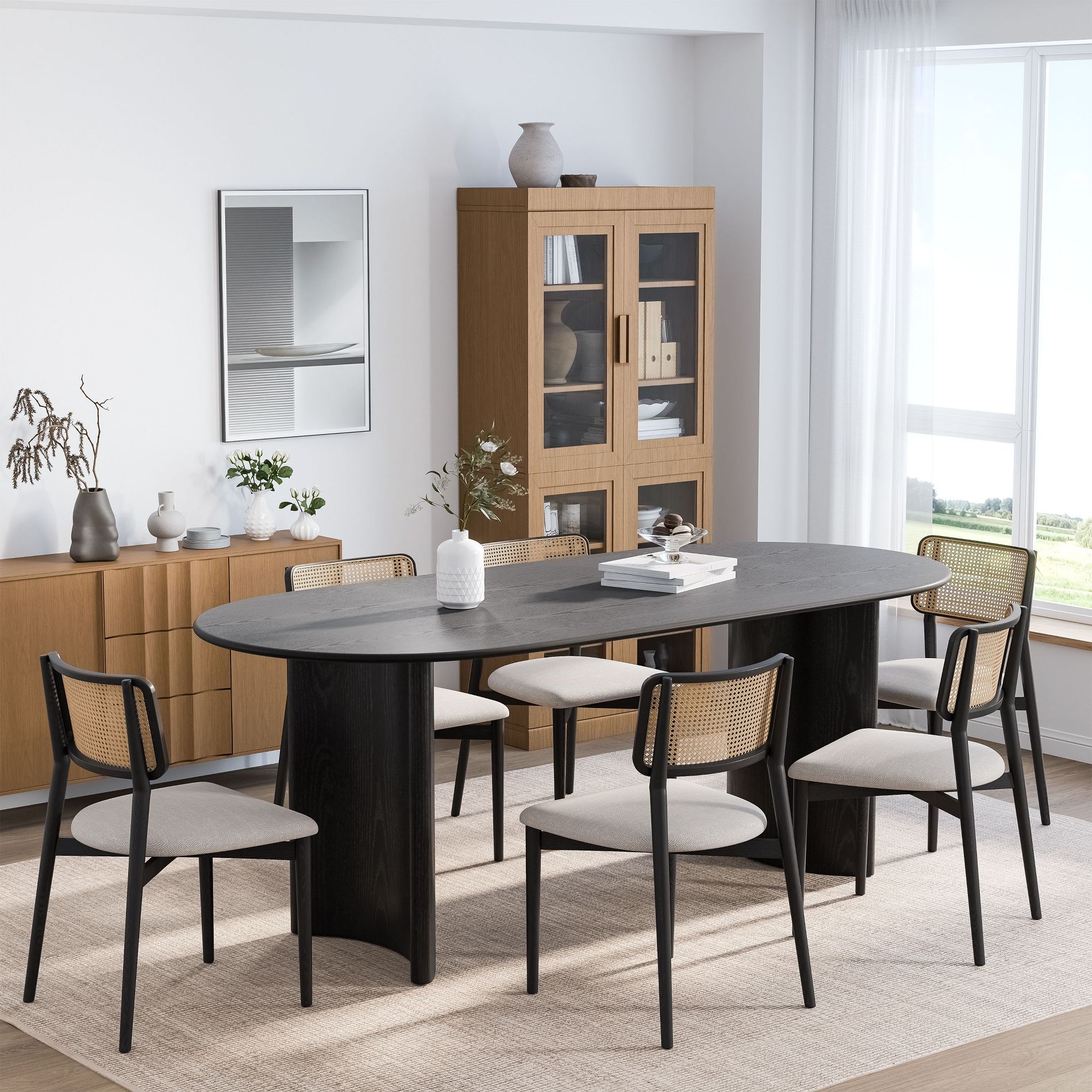 PexFix Haiden Oval 67"x33.5" Dining Table Solid Wood Kitchen Tables with Arc-Shaped Edge Top and Arc-Shaped Base for Living Room Dining Room Black