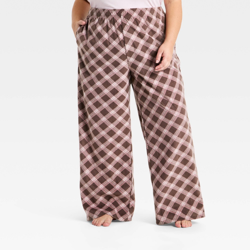 Women's Microfleece Pajama Pants - Wild Fable™ Brown Plaid 1X