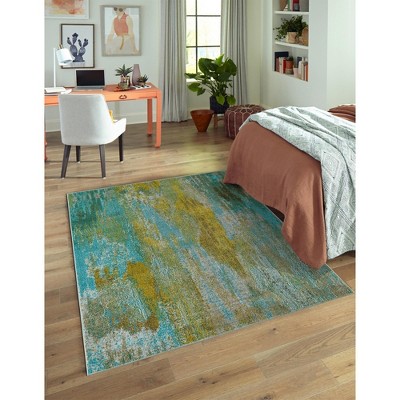 Turquoise and Yellow Abstract Stain-Resistant Indoor Rug