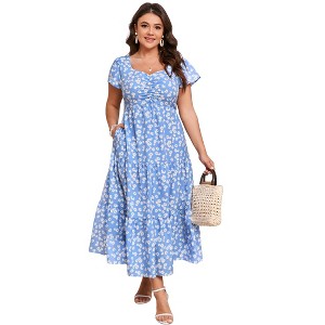 YESFASHION Women Plus Size Maxi Dress Floral Ruffle Summer Dress Short Sleeve Long Dress High Waist Sweethearte Neck Casual Dress - 1 of 4
