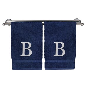BC BARE COTTON Monogrammed Hand Towel, 100% Turkish Cotton - Set of 2 - Navy - White Block - 1 of 4