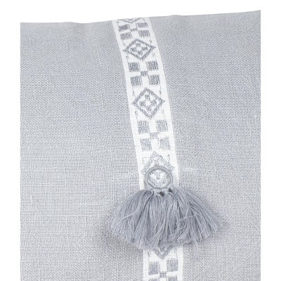 Light Gray Embroidered Linen Throw Pillow with Tassel