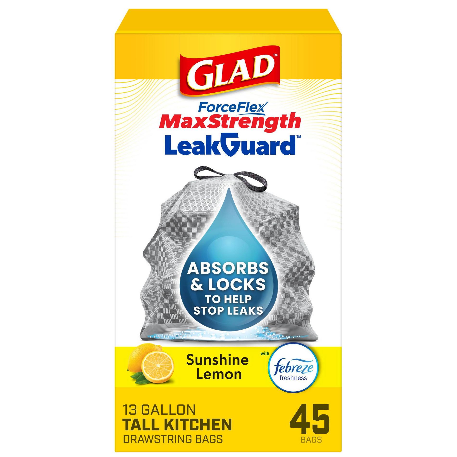 Glad ForceFlex MaxStrength Drawstring LeakGuard Trash Bags - Sunshine Lemon - 13 Gallon - 45ct