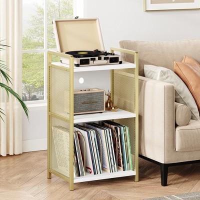 Golden Record Player Stand, Metal Turntable Stand with 3-Tier Storage, Vinyl Bedside End Table for Living Room Bedroom Office