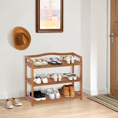 Reddish Brown 3-Tier Acacia Wood Shoe Rack with Metal Hooks
