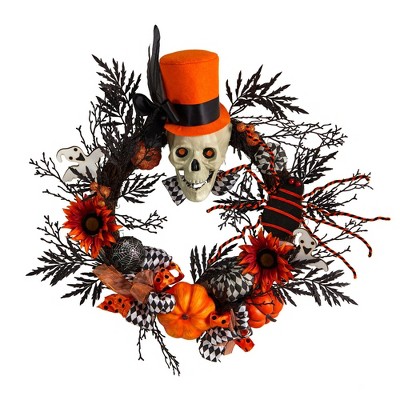 Nearly Natural 30” Spider and Skull with Top Hat Halloween Wreath