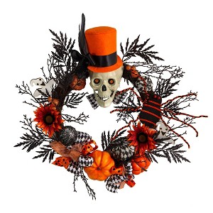 Nearly Natural 30” Spider and Skull with Top Hat Halloween Wreath - 1 of 4