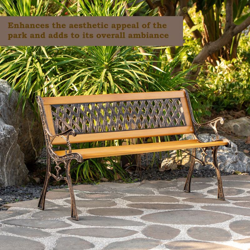 Outdoor Classical Wooden Slated Park Bench, Steel frame Seating Bench for Yard, Patio, Garden, Balcony, and Deck, 3 of 10