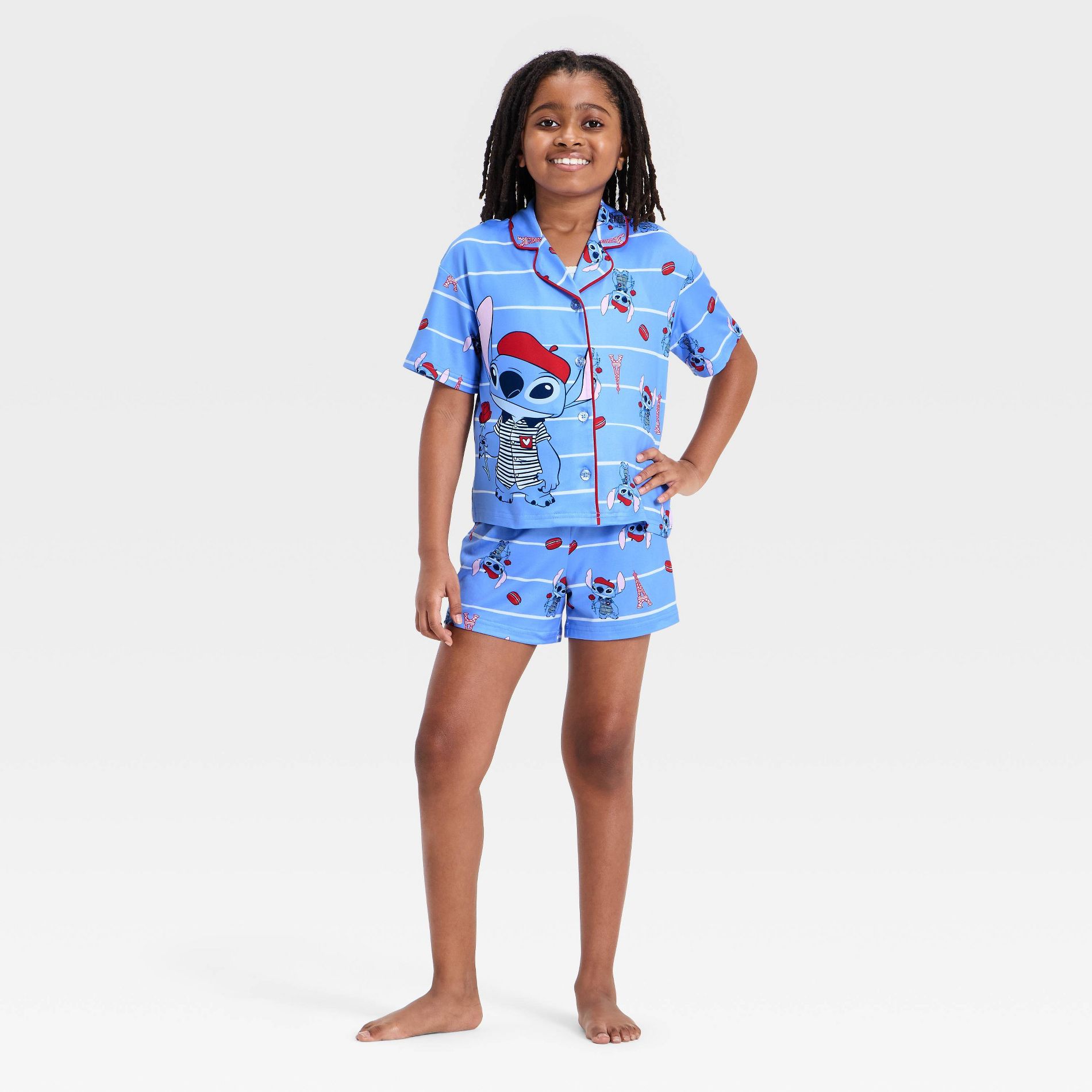 Girls' Lilo & Stitch Eiffel Tower Short Sleeve Button-Up Pajama Set - Blue L