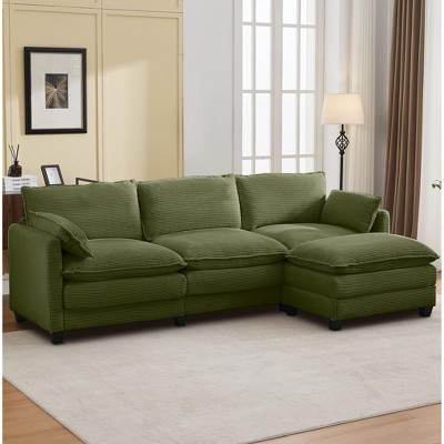 Hyleory Corduroy L-Shaped Sectional Sofa, 3-Seater Couch with Movable Ottoman, Modular Living Room Furniture for Apartments