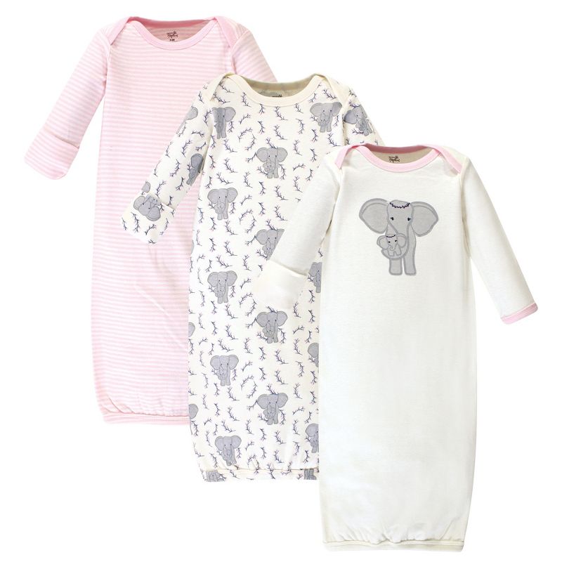 Touched by Nature Baby Girl Organic Cotton Long-Sleeve Gowns 3pk, Girl Elephant, 1 of 6