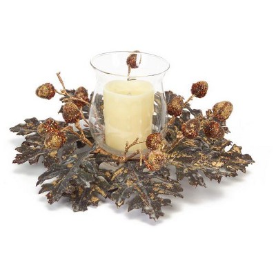 Melrose 14" Shimmering Oak Leaf and Acorn Hurricane Glass Christmas Candle Holder