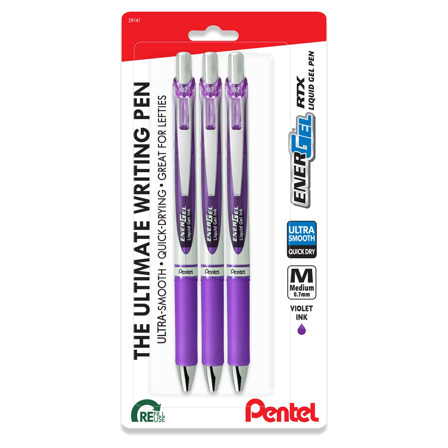 Pentel EnerGel 3pk Gel Pen Violet Ink: 0.7mm Quick Drying Retractable Purple Ink Pens, Art & Stationery