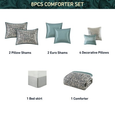 Regency Heights 8Pcs BIAB Faux Silk Paisley Jacquard Comforter Set, Luxury Palace Style Bedding Set with Matching Shams and Pillows, Teal, Queen — фото 7