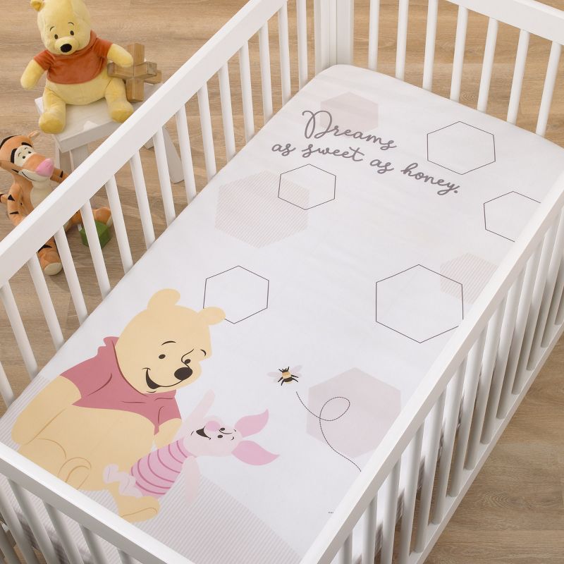 Disney Winnie the Pooh Hugs and Honeycombs Grey and White "Dreams as Sweet as Honey" with Hexagons and Piglet 100% Cotton Photo Op Fitted Crib Sheet, 3 of 7
