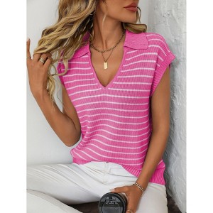Women's V-Neck Sleeveless Knit Top Striped Collared Sweater for Casual Style - 1 of 4