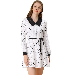 INSPIRE CHIC Women's Sweet Contrast Collar Polka Dots Tie Neck Long Sleeve A-line Dress - 1 of 4