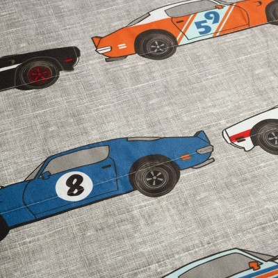 Blue and Orange Reversible Race Car Twin Quilt Set