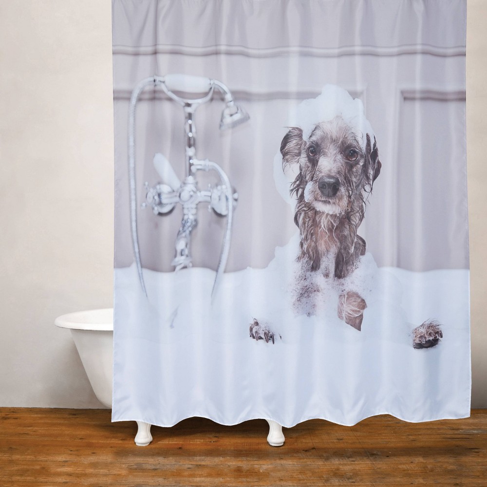 Dog Bath Shower Curtain White - Moda at Home: Polyester Fabric, Machine Washable, Buttonhole Top