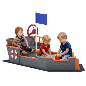 Outsunny Wooden Kids Pirate Sandbox, Outdoor Sandboat with Bench Seats, Storage, Non-Woven Fabric Cloth for Backyard, Lawn - 1 of 4