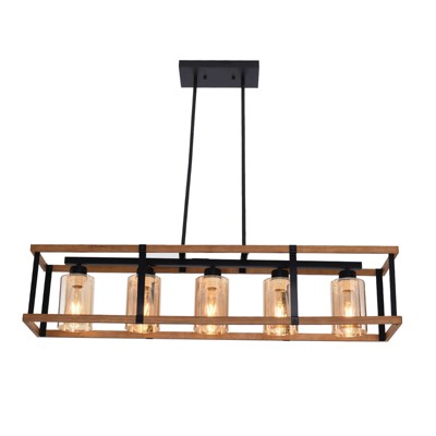 YIYIBYUS 5-Light Brown Rectangle Island Pendant Light with Glass Shade