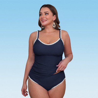 Women's Royal Shell Stitch Tankini Top & Mid-Rise Bottoms Set (XS-4XL)- Cupshe-L-Dark Blue