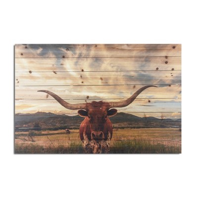 24" x 36" Longhorn Print on Planked Wood Wall Sign Panel - Gallery 57