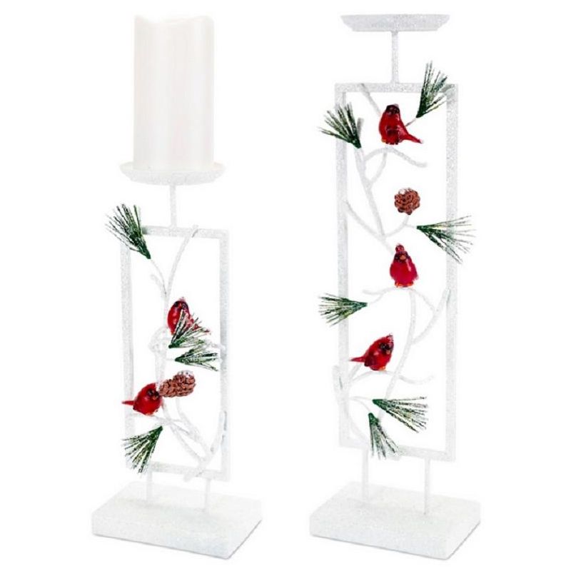 Melrose Set of 2 Woodland Inspired Snowy Cardinal Christmas Pillar Candle Holders 19.5", 1 of 2