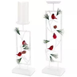 Melrose Set of 2 Woodland Inspired Snowy Cardinal Christmas Pillar Candle Holders 19.5"