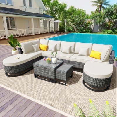 Whisen 7-Piece Outdoor Wicker Sofa Set, Modular Rattan Sectional with Coffee Table & Pillows, Patio Furniture for Garden & Deck