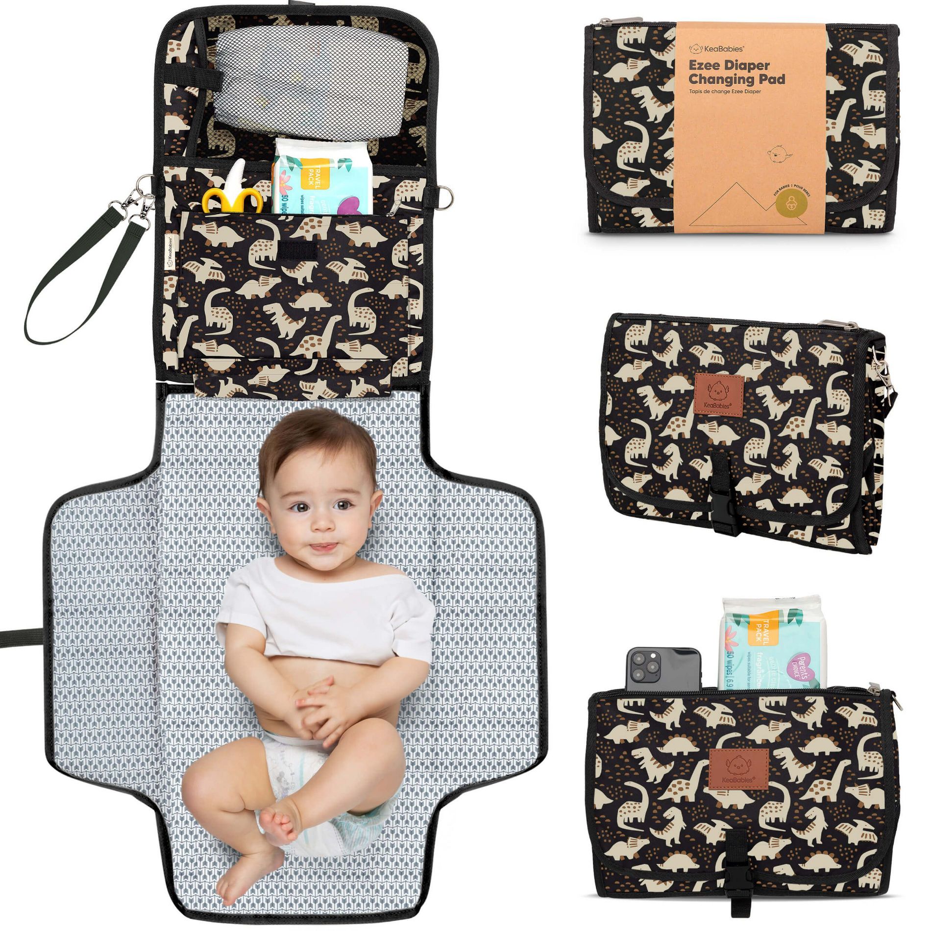 KeaBabies Ezee Diaper Changing Pad, Portable Diaper Changing Mat, Waterproof Foldable Diaper Changing Pad (Dino Ridge)