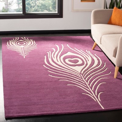 Purple and Ivory Tufted Wool Area Rug with Peacock Feather Design