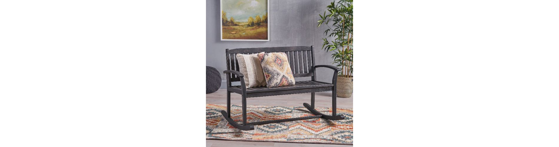 Lyngins Acacia Wood Patio Loveseat with Armrests, Slatted Seat & Backrest, Outdoor Rocking Bench, Porch Bench/Outdoor Bench for Backyard/Garden, Gray