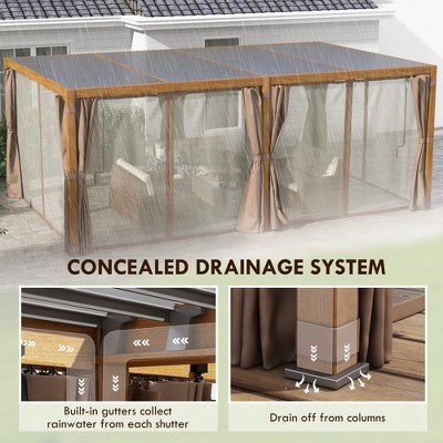 Natural Brown Aluminum Pergola with Adjustable Louvered Roof and Curtains