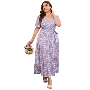 Garvee Women Plus Size V Neck Wrap Maxi Dress High Waist Ruffle Summer Casual Dress with Belt Short Sleeve - 1 of 4
