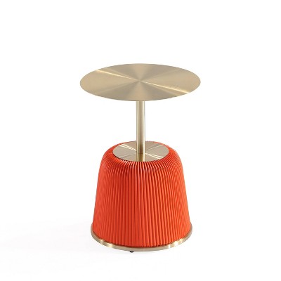 Orange Pleated Leatherette and Gold Metal Round Accent Table Set