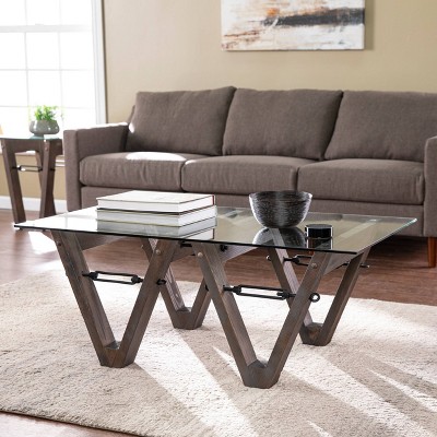 Vicar Reclaimed Wood Cocktail Table Brown/Black - Aiden Lane: Industrial Glass-Top, Pine Frame, Fixed Shelf