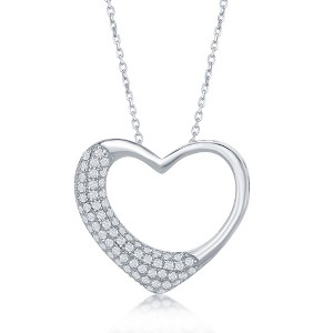 Bella Silver Sterling Silver Half Micro Pave Open Heart 18" Pendant Necklace - Silver - 1 of 2