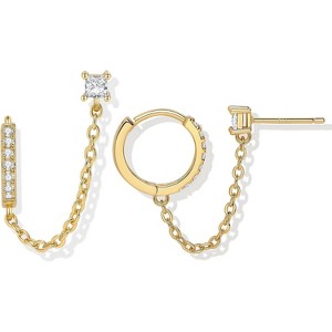 Gold Plated Sterling Silver Double Piercing Chain Earrings - Dangle Huggie Hoops with CZ Studs - 1 of 4