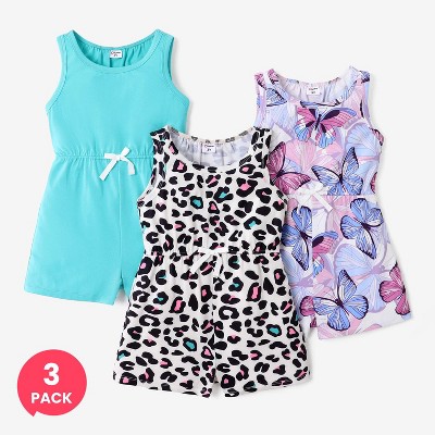 PATPAT Toddler Girls Jumpsuit 3 pk Rompers Little Girl Elastic Waist Sleeveless Butterfly Leopard Rompers