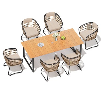 Crestlive Products 7pc Outdoor Dining Set 82.7 inch Patio Dining Table with Rattan Dining Chairs Wooden-Like Top and Aluminum Frame Umbrella Hole