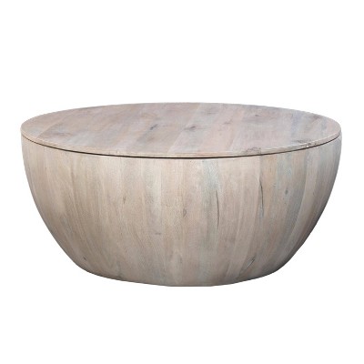 The Urban Port 37" Round Coffee Table Handcrafted Drum Shape with Storage Washed White Mango Wood White