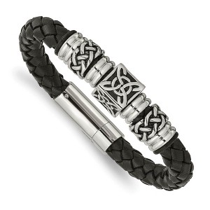 Black Bow Jewelry Stainless Steel & Black Leather 13mm Celtic Knot Bracelet, 8.5 Inch - 1 of 4