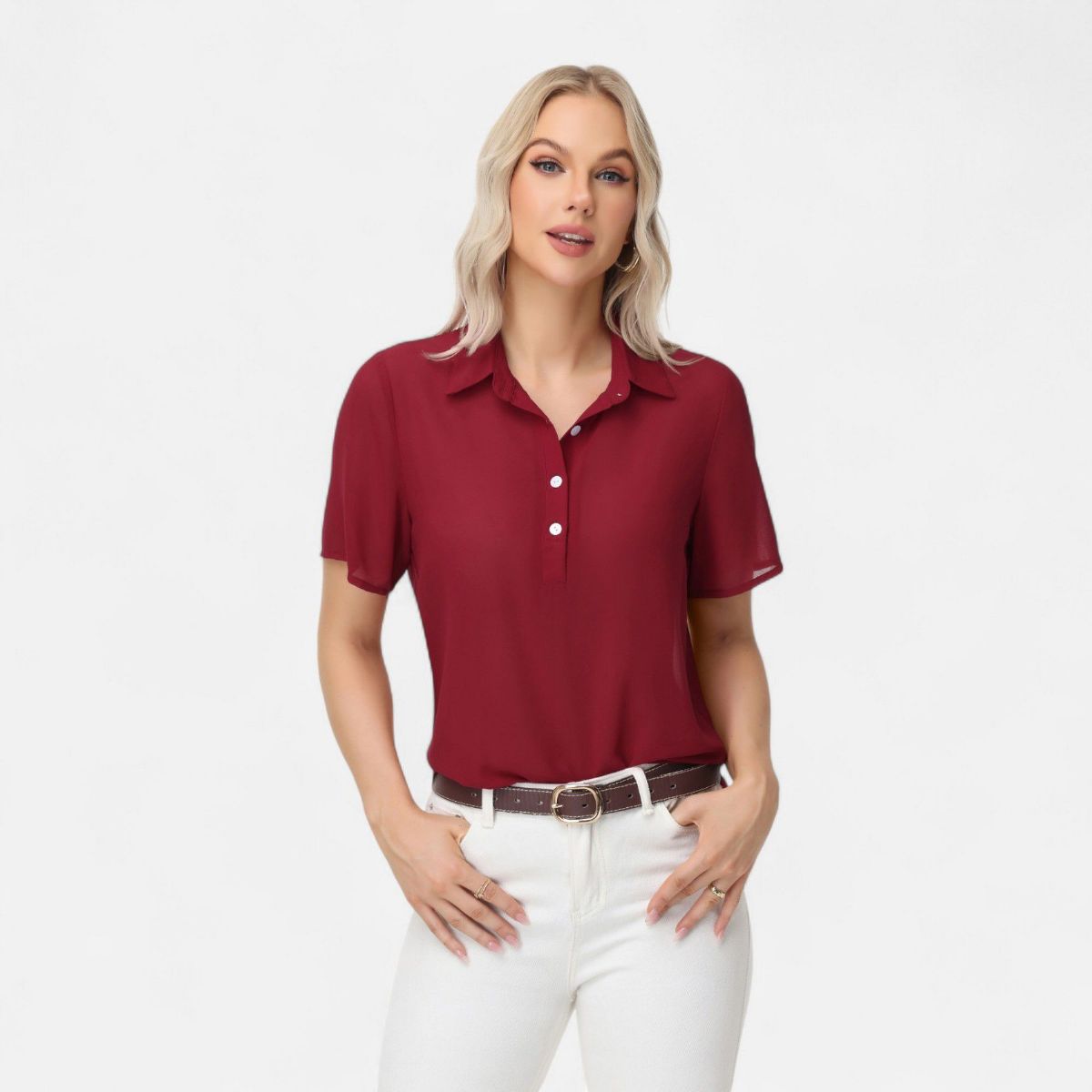 Anna-Kaci Women's Short Sleeve Collared Blouse with Button Placket and Relaxed Fit Design - thumbnail 9
