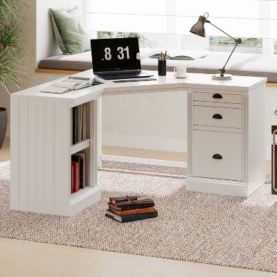 Modern L Shaped Executive Desk Office Desk Corner Writing Table Computer Desk Reading Desk Workstation with Drawers and Open Shelves, White-ModernLuxe