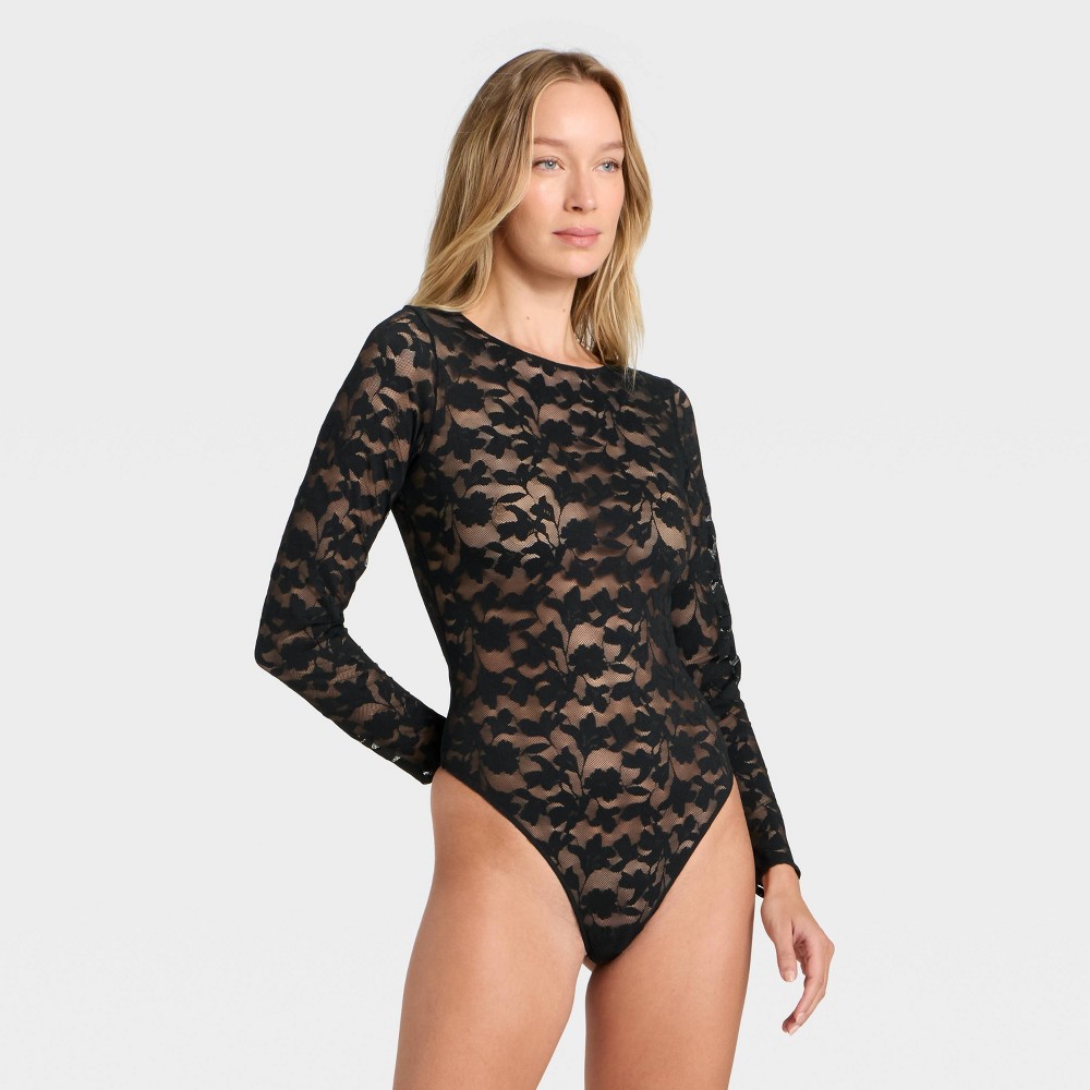Women's Shadow Floral Lace Longsleeve Lingerie Bodysuit - Auden™ Black XL