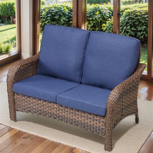 Buenhomino Patio Wicker Sofa Brown Rattan Loveseat Outdoor Couch with Cured Armest & Water Resistant Cushions Sofa for Balcony Backyard Poolside - 1 of 4